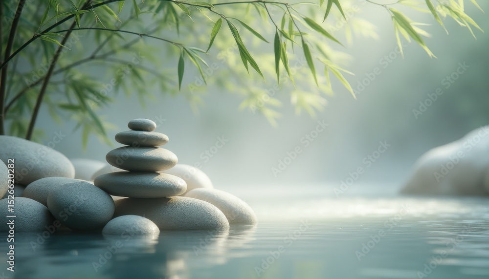 Five stones stacked in pyramid formation near tranquil water Five stones stacked in pyramid formation near tranquil water