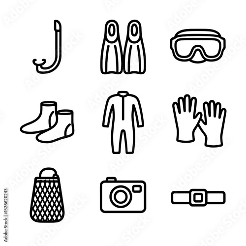 Snorkeling Gear Icons. Outline icon set of complete snorkeling gear: snorkel tube, diving fins, snorkeling mask, wetsuit, neoprene