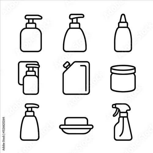 Soap Dispenser Icons. Outline icon set of liquid soap dispensers: pump bottle, foaming dispenser, squeeze bottle, wall-mounted