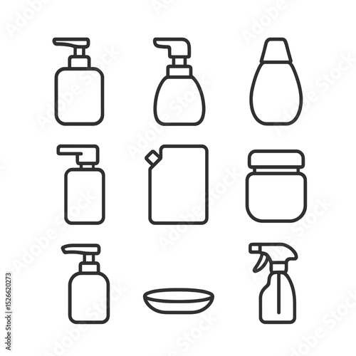 Soap Dispenser Icons. Outline icon set of liquid soap dispensers: pump bottle, foaming dispenser, squeeze bottle, wall-mounted