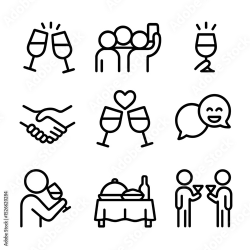 Social Gathering Icons. Outline icon set of social gathering moments: clinking glasses, group selfie, toast gesture, handshake,