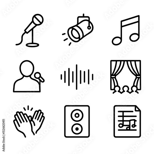Solo Vocal Icon Set. Outline icon set of solo vocal performance: microphone stand, spotlight, music note, singer silhouette, sound