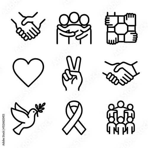 Solidarity and Media Icons. Outline icon set of solidarity gestures: interlocked hands, group hug, linked arms, heart symbol,