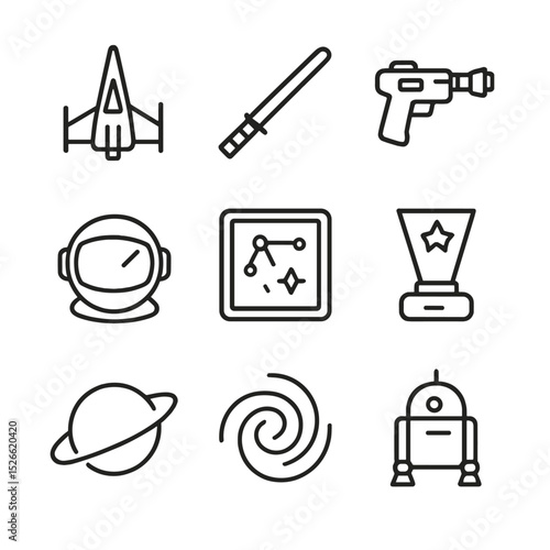 Space Opera Icons. Outline icon set of space opera heroes: starship, laser sword, blaster pistol, space helmet, star map, holo