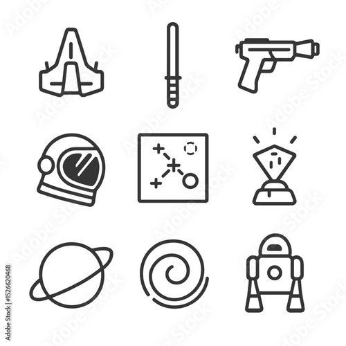 Space Opera Icons. Outline icon set of space opera heroes: starship, laser sword, blaster pistol, space helmet, star map, holo