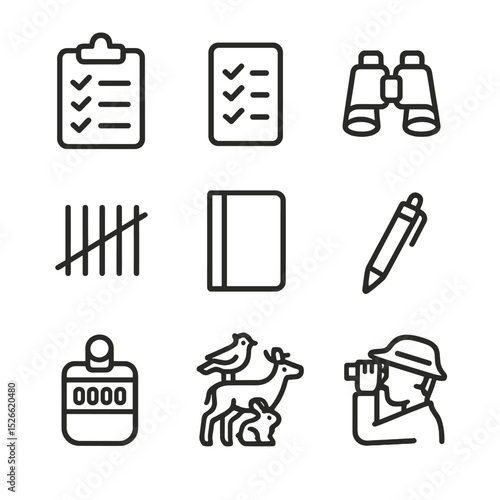 Species Census Icons. Outline icon set of species census: clipboard, checklist, binoculars, tally marks, field notebook, pen,