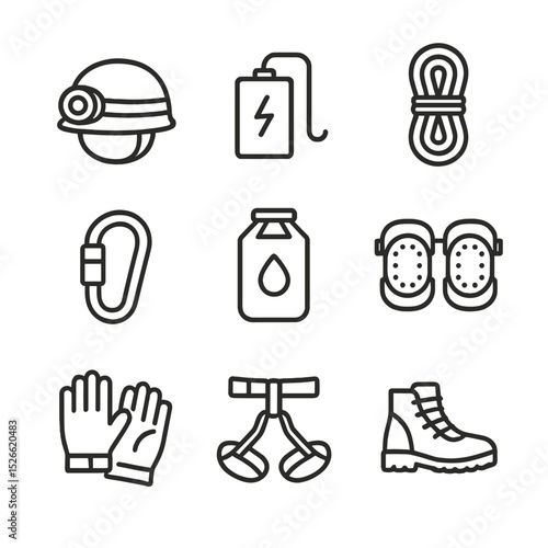 Spelunking Gear Icons. Outline icon set of spelunking equipment: helmet with light, headlamp battery, climbing rope, carabiner,