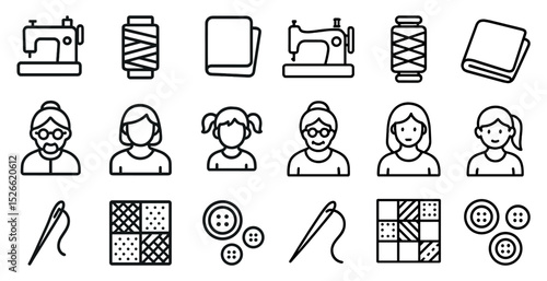 Sewing and quilting icons set featuring sewing machine and fabric patterns