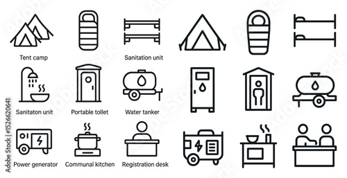 Camping and outdoor equipment icons for travel and adventure design