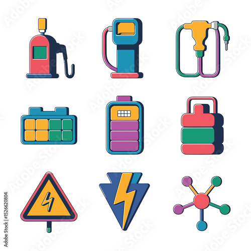 vector icons to vehicle fueling and charging a gasoline pump, an electric vehicle plug hydrogen mole