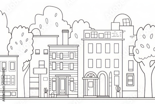 Minimalist one-line drawing of buildings, houses, trees, and water towers with clean outlines in a simple children’s style