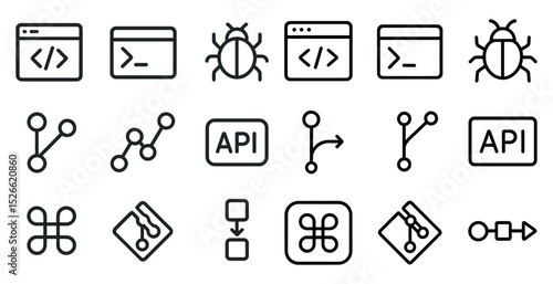 Software development icons for code, api, and debugging illustrations