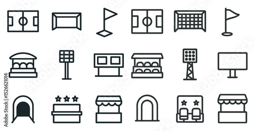 Sports icon set featuring stadiums, fields, and equipment for design projects
