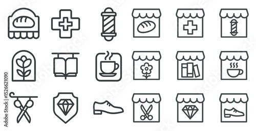 Collection of iconic shop signs and symbols for various businesses