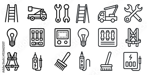 Essential tools and safety equipment icons for electrical projects and maintenance