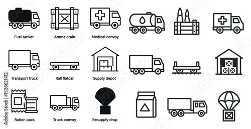 Logistics and transport icons for military supply chain design