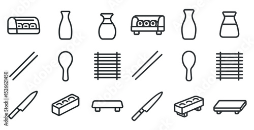 Minimalist japanese kitchen utensils and tableware line icons for design projects