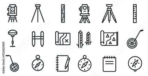 Surveying and mapping equipment icons for design and planning projects