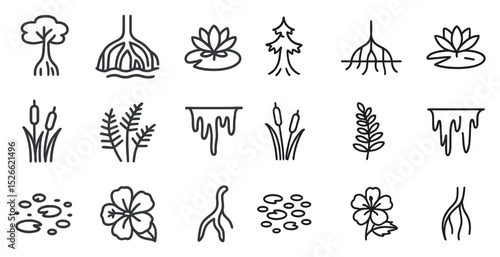 Nature inspired line art icons of plants and trees