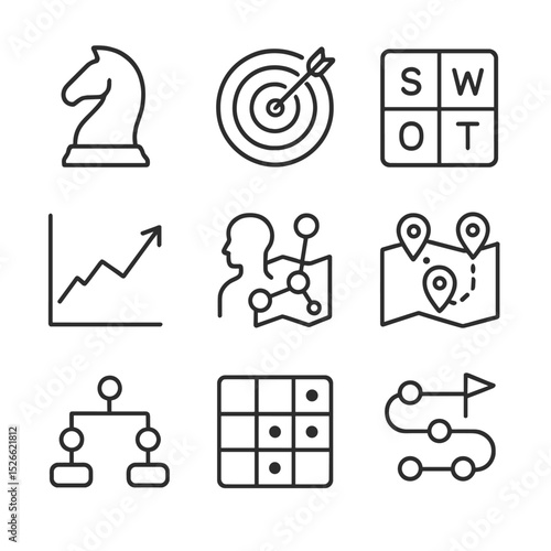 Strategic Planning Icons. Outline icon set of strategic risk planning: chess knight, target bullseye, SWOT chart, market graph,
