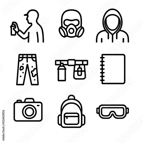 Street Artist Tools. Outline icon set of street artist essentials: graffiti writer silhouette, face with mask, hooded figure,