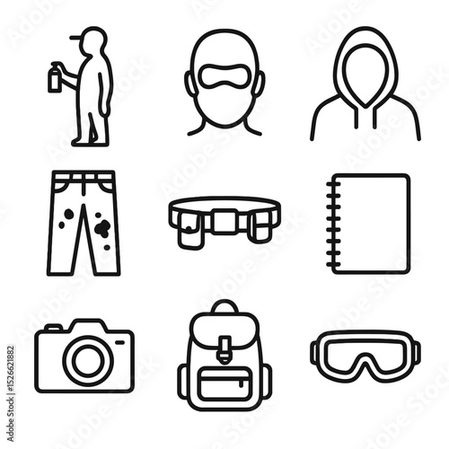 Street Artist Tools. Outline icon set of street artist essentials: graffiti writer silhouette, face with mask, hooded figure,