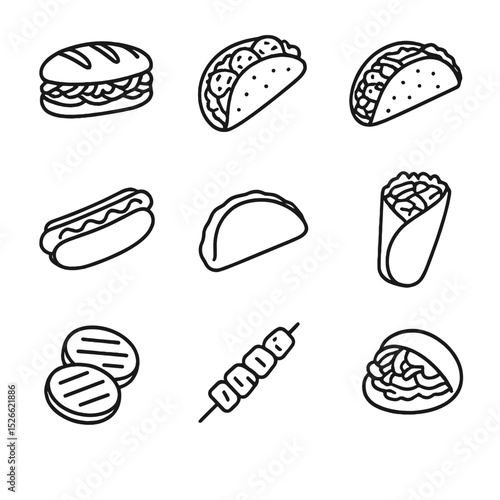 Street Food Icon Grid. Outline icon set of street food favorites: bánh mì sandwich, falafel pita, taco al pastor, hot dog,