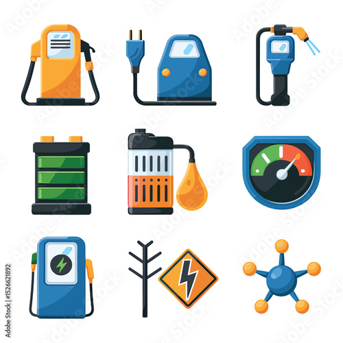 vector icons to vehicle fueling and charging a gasoline pump, an electric vehicle plug hydrogen mole