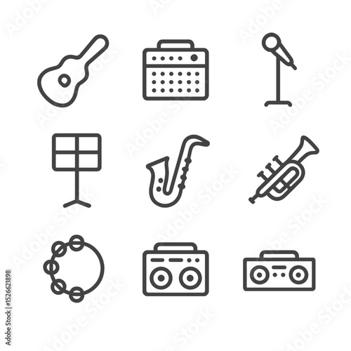 Street Music Icons Set. Outline icon set of street musician performances: guitar case, amplifier, microphone stand, drum pad,