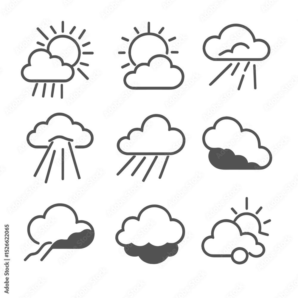 Sunlight Icon Set. Outline icon set of sunlight piercing cloud cover: sunbeam shaft, radiant halo, cloud gap, soft cumulus edge, Sunlight Icon Set. Outline icon set of sunlight piercing cloud cover: sunbeam shaft, radiant halo, cloud gap, soft cumulus edge,