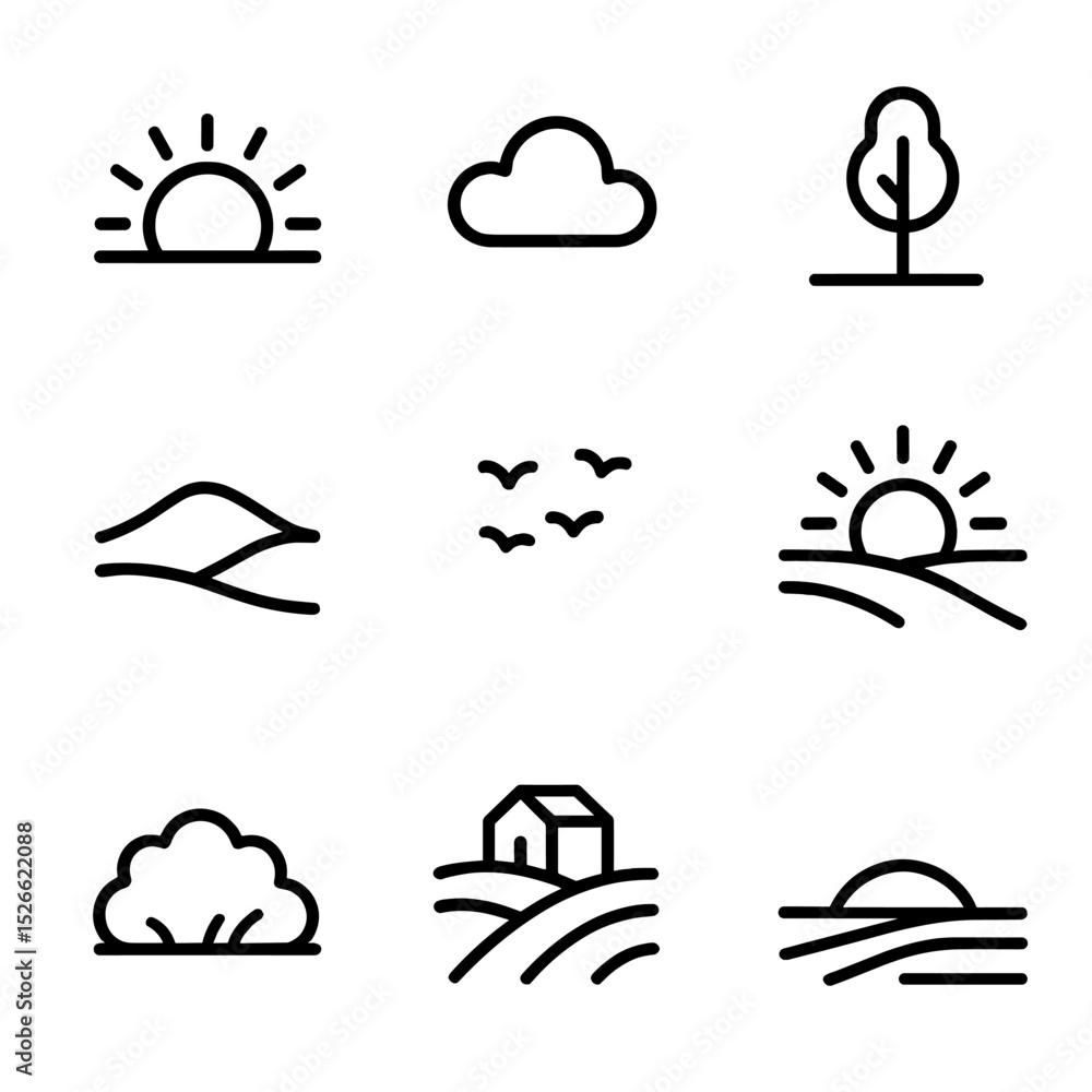 Fototapeta premium Sunset Hills Icons. Outline icon set of sunset rolling hills: setting sun, cloud, tree silhouette, hill ridge, bird flock, warm