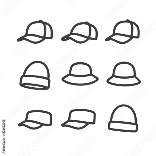 Stylish Hat Icons. Outline icon set of Hat silhouette variations: structured crown, unstructured crown, low profile cap, high
