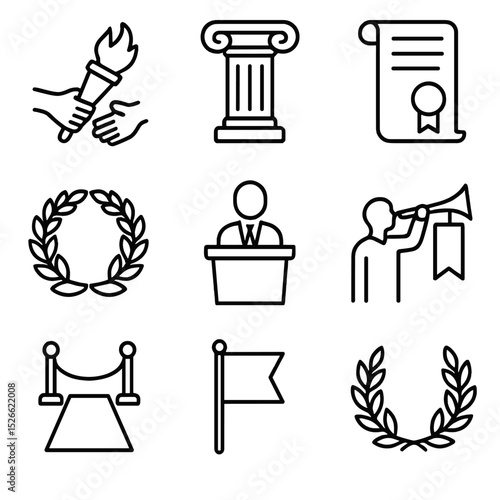 Succession Ceremony Icons. Outline icon set of succession ceremony: torch relay, ceremonial pillar, oath scroll, wreath crown,