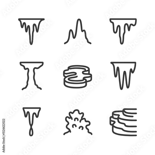 Subterranean Rock Icons. Outline icon set of submerged rock formations: stalactite, stalagmite, flowstone, column, rimstone pool,