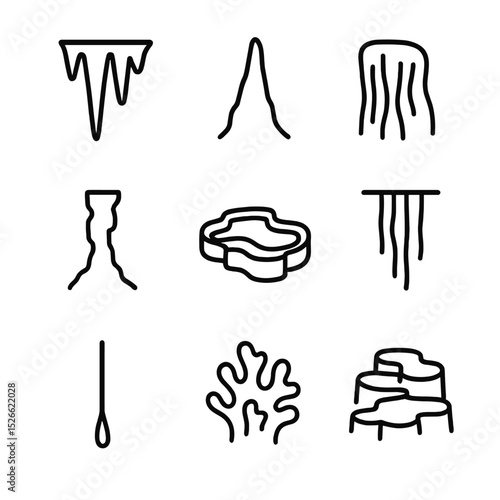 Subterranean Rock Icons. Outline icon set of submerged rock formations: stalactite, stalagmite, flowstone, column, rimstone pool,