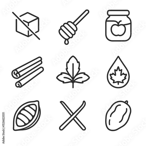 Sugar Alternatives Icons. Outline icon set of reducing added sugars: sugar cube crossed, honey dipper, fruit puree jar, cinnamon