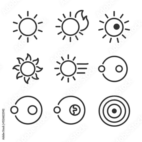 Sun and Orbits Icons. Outline icon set of sun and astronomy: sun, solar flare, sunspot, corona, solar wind, Mercury orbit, Venus