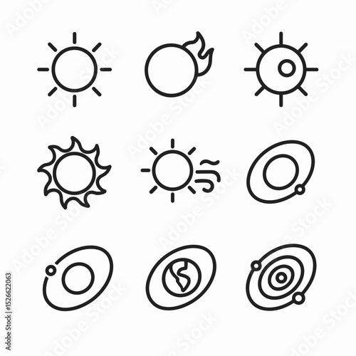 Sun and Orbits Icons. Outline icon set of sun and astronomy: sun, solar flare, sunspot, corona, solar wind, Mercury orbit, Venus