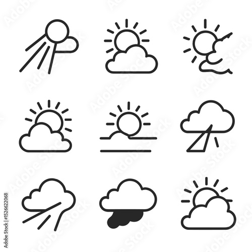 Sunlight Icon Set. Outline icon set of sunlight piercing cloud cover: sunbeam shaft, radiant halo, cloud gap, soft cumulus edge,