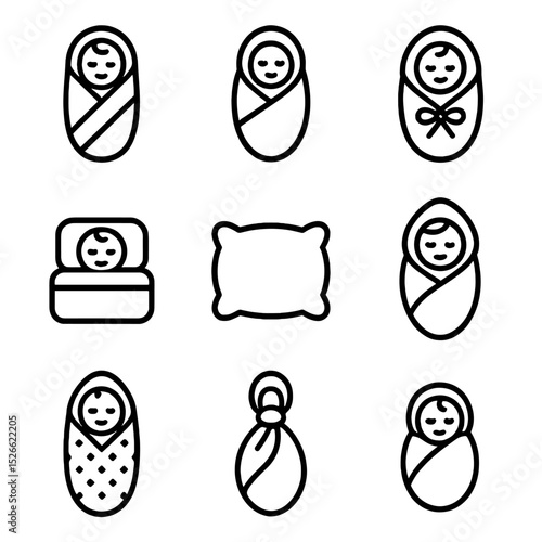 Swaddled Baby Icons. Outline icon set of swaddled newborn: swaddle wrap, baby blanket, ribbon tie, cozy bed, soft pillow, hooded