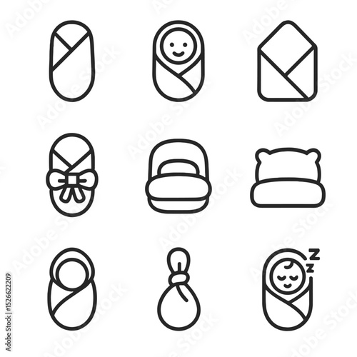 Swaddled Baby Icons. Outline icon set of swaddled newborn: swaddle wrap, baby blanket, ribbon tie, cozy bed, soft pillow, hooded