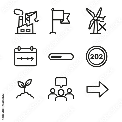 Sustainable Transition Icons. Outline icon set of phase-out timeline: coal plant shutdown crane, milestone flag, decommissioned