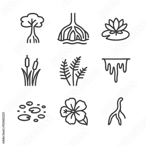 Swamp Flora Icons. Outline icon set of swamp flora: cypress tree, mangrove roots, water lily, cattail, fern cluster, moss drape,