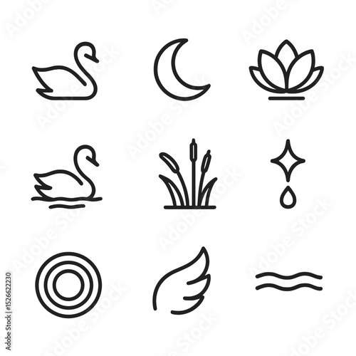 Swan Icon Set Design. Outline icon set of swan gliding in moonlight: swan silhouette, water reflection, rippling circle, moon icon
