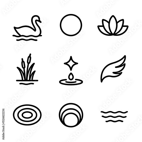 Swan Icon Set Design. Outline icon set of swan gliding in moonlight: swan silhouette, water reflection, rippling circle, moon icon