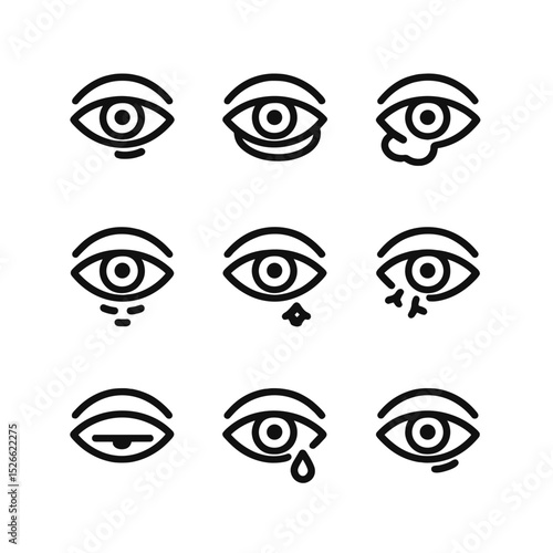 Symptoms Icon Set. Outline icon set of symptoms and severity: slight shadow, pronounced puffiness, discoloration patch, fine lines