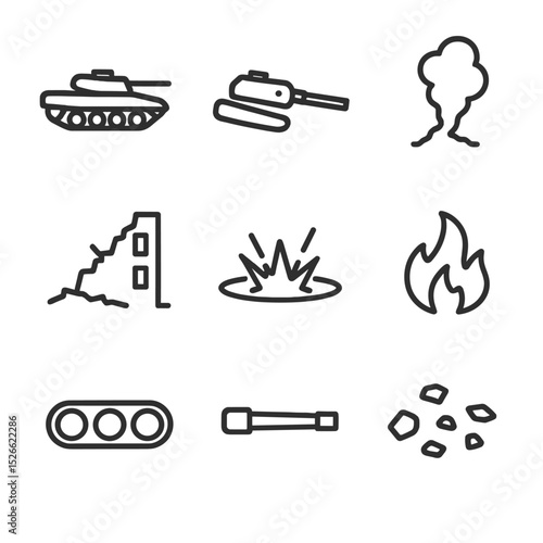 Tanks in Ruins Icons. Outline icon set of combat tanks in ruins: main battle tank, turret, caterpillar tracks, cannon barrel,