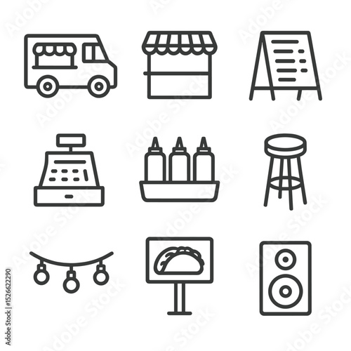 Taco Truck Icon Set. Outline icon set of taco truck setup: food truck, serving window, menu board, cash register, condiment