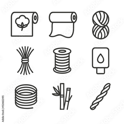 Textile Material Icons. Outline icon set of textile material types: cotton bolt, silk roll, wool hank, linen bundle, polyester