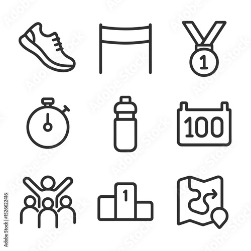 100th Race Icons. Outline icon set of hundredth milestone race: running shoe, finish line, medal, stopwatch, water bottle, race